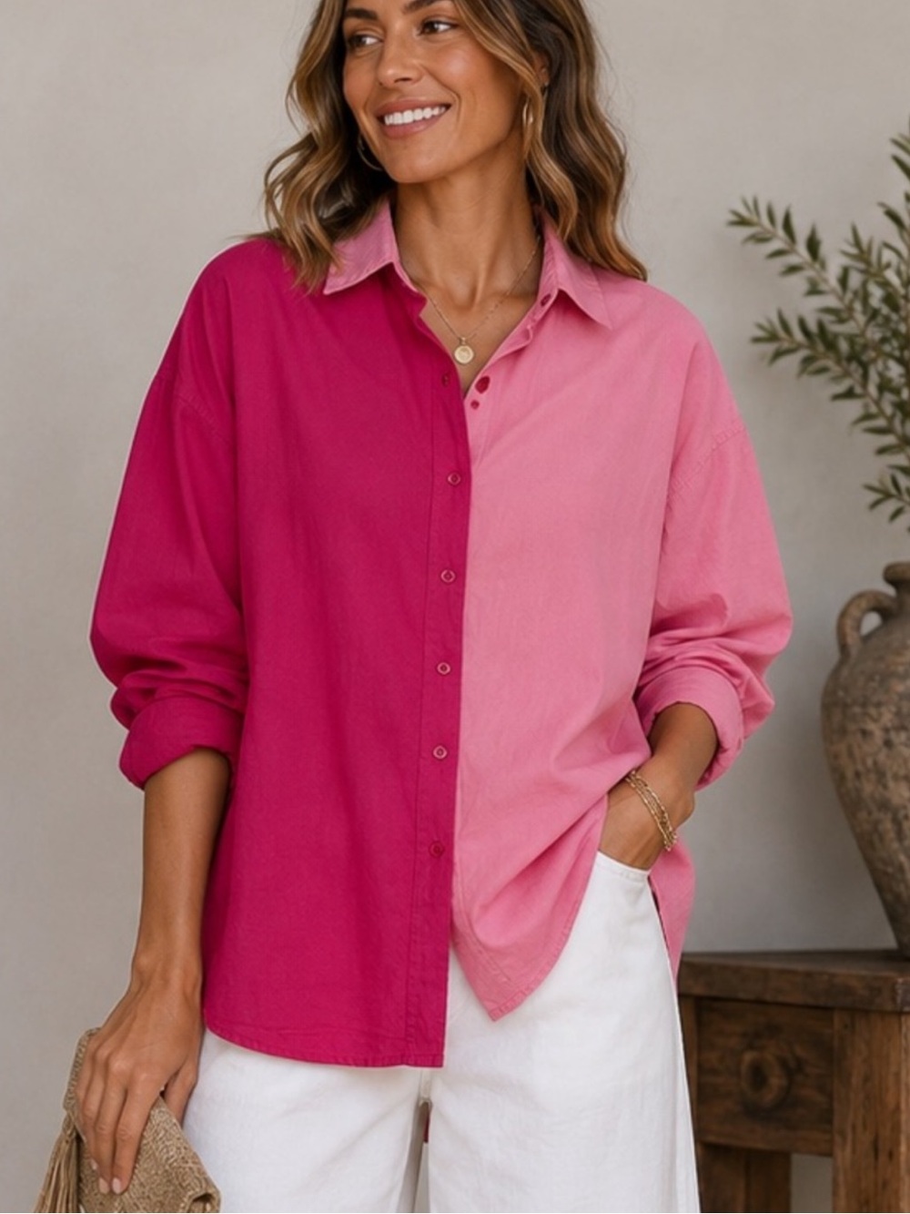 Two-Tone Fuchsia and Light Pink Button-Down Cotton Color-Block Shirt
